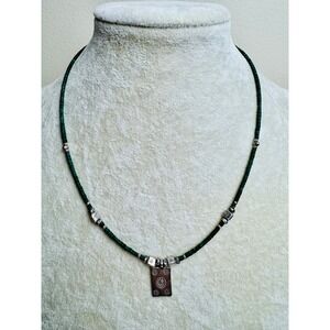 Artisan Green Heishi Bead 16" Choker Necklace Silver Tone Pendant Cowgirl